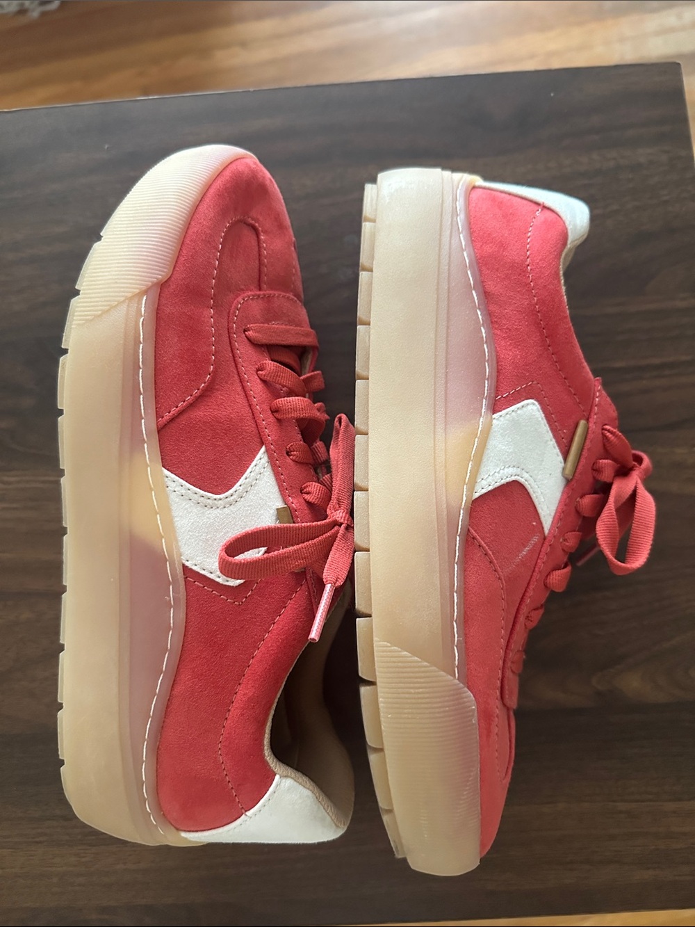 DR SCHOLLS Women’s Red Suede Platform Sneakers with White Accent